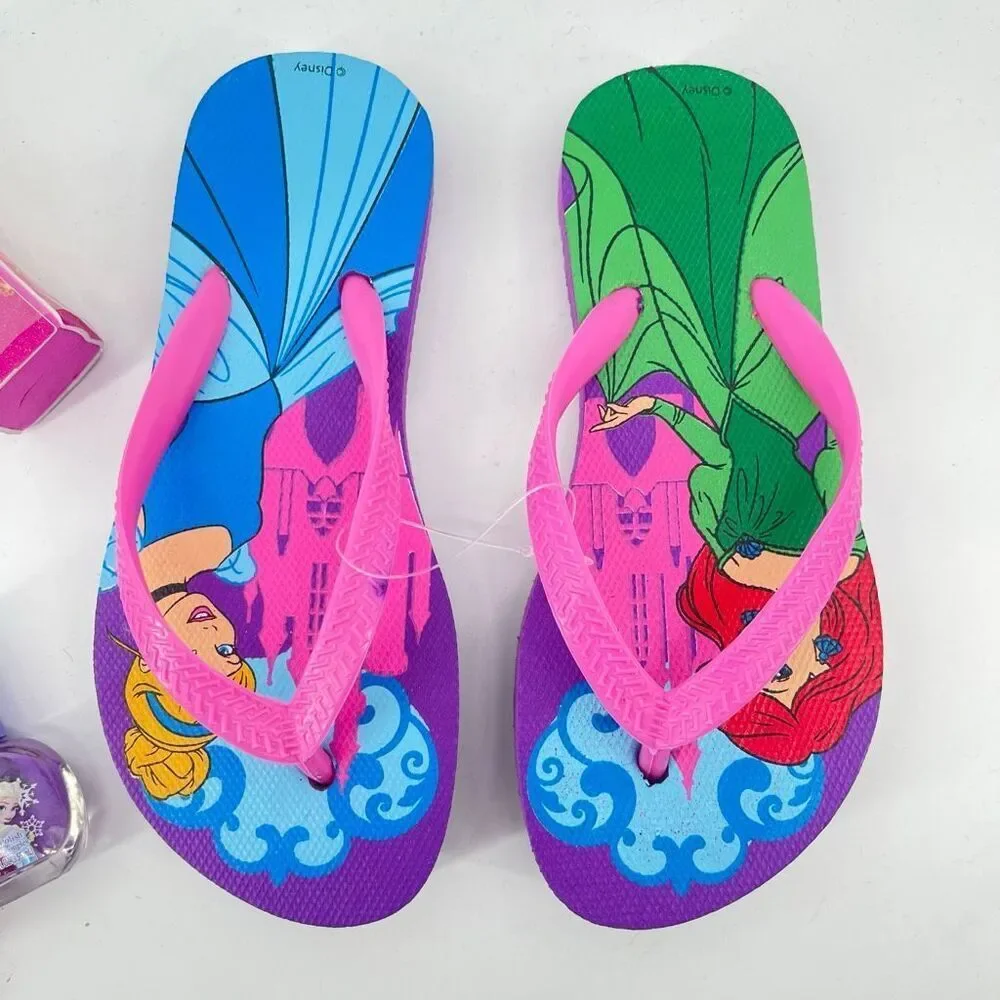 Disney Princess Spa Pedicure Set Ariel Cinderella Frozen Flip Flops Size 7 NWT